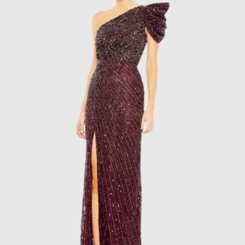 MAC DUGGAL EMBELLISHED PUFF ONE SHOULDER GOWN SIZE 0